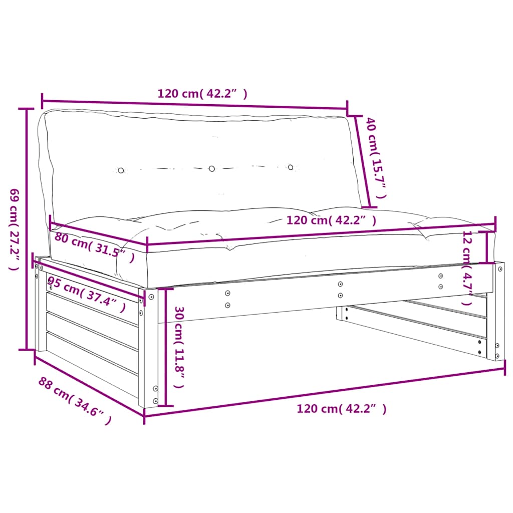 midtermodul til sofa 120x80 cm massivt fyrretræ