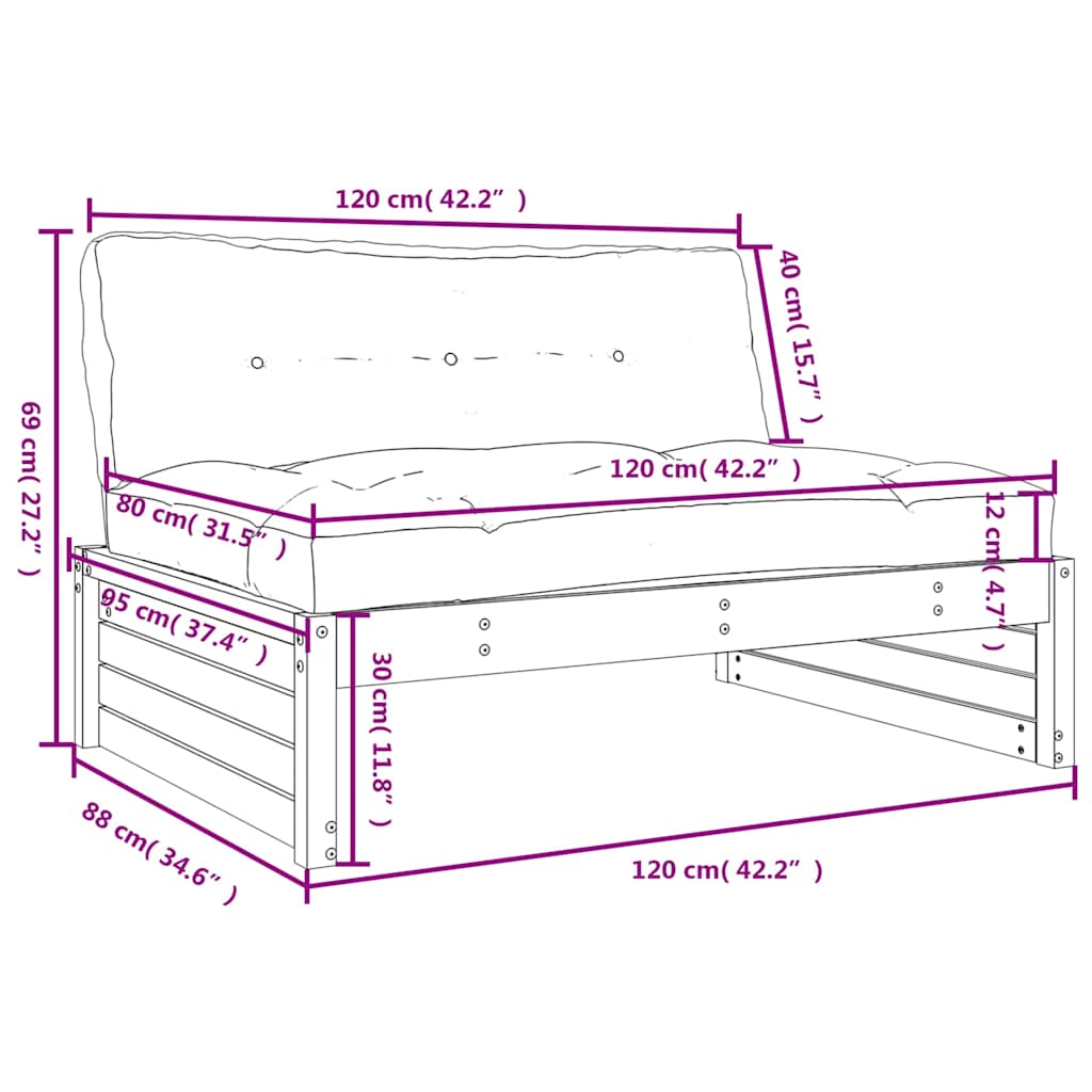midtermodul til sofa 120x80 cm massivt fyrretræ sort
