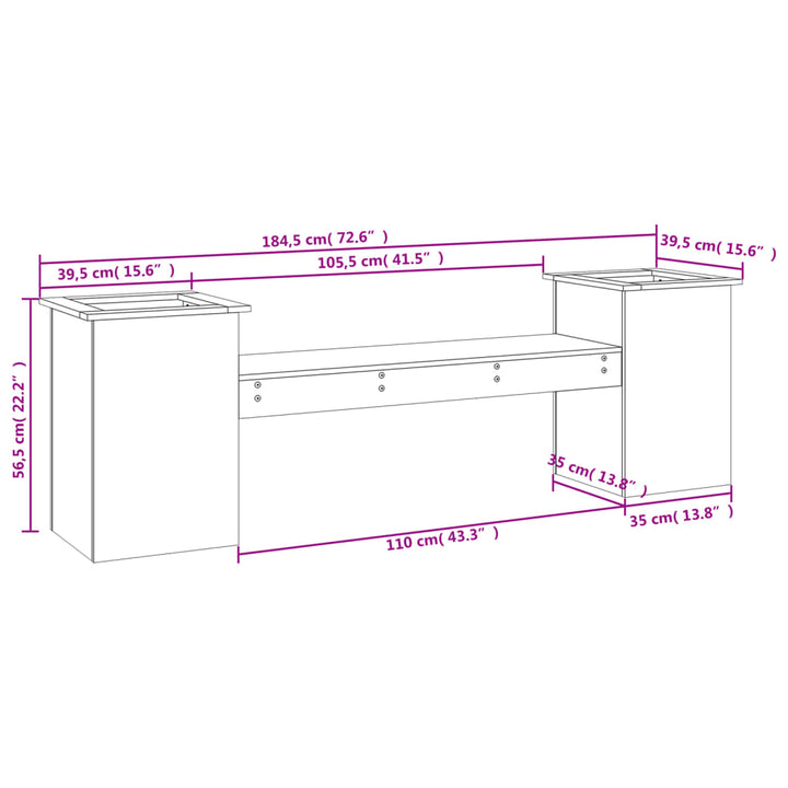 bænk med plantekasser 184,5x39,5x56,5 cm massivt fyrretræ hvid