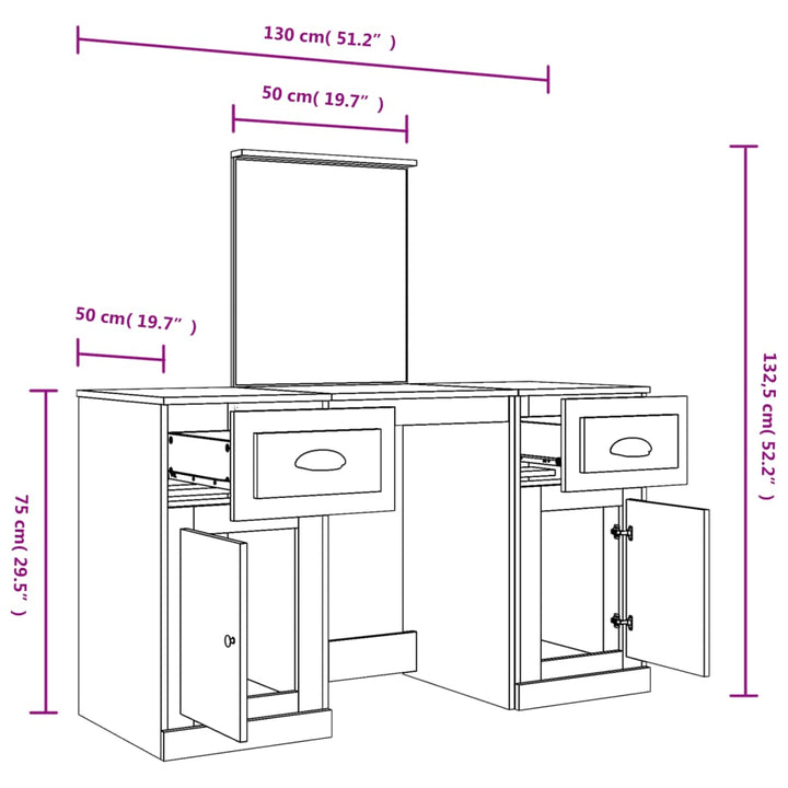 makeupbord med spejl 130x50x132,5 cm brun sonoma-eg