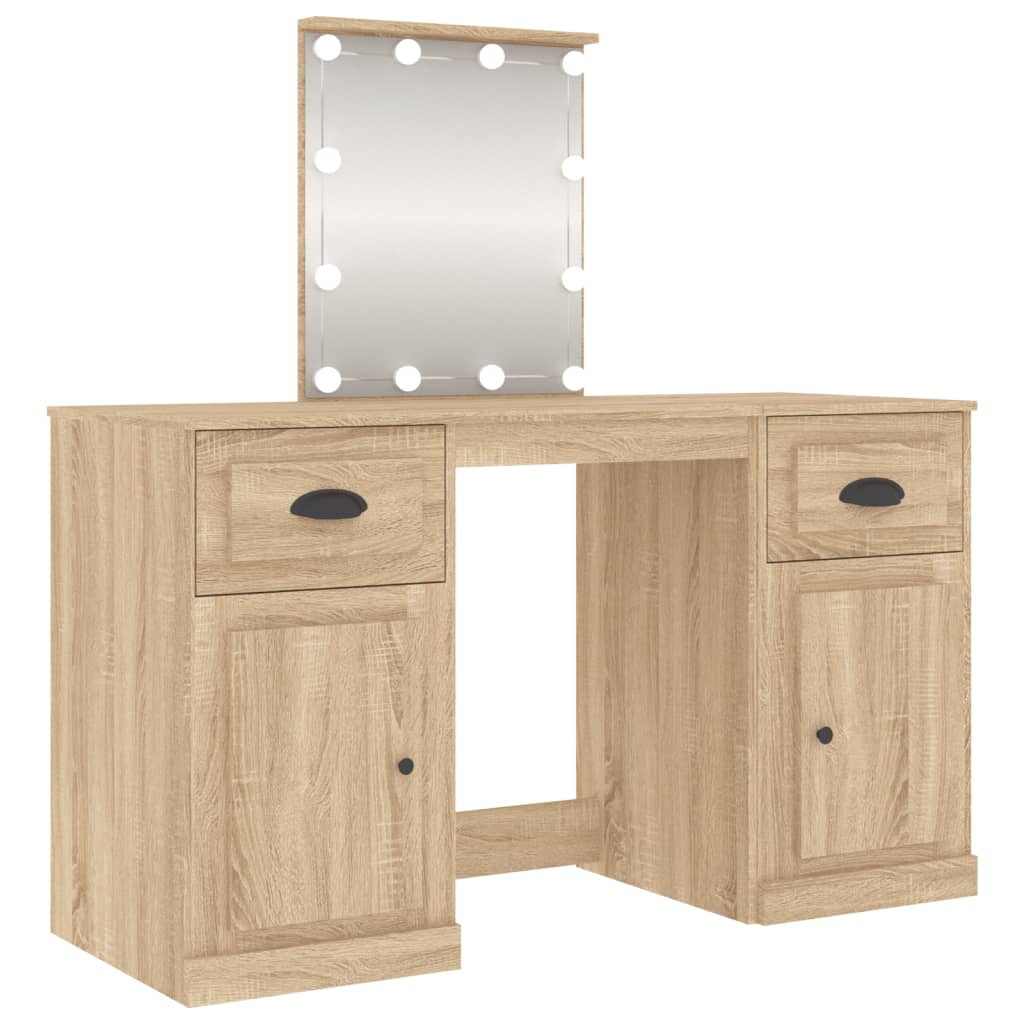 makeupbord med LED-lys 130x50x132,5 cm brun sonoma-eg