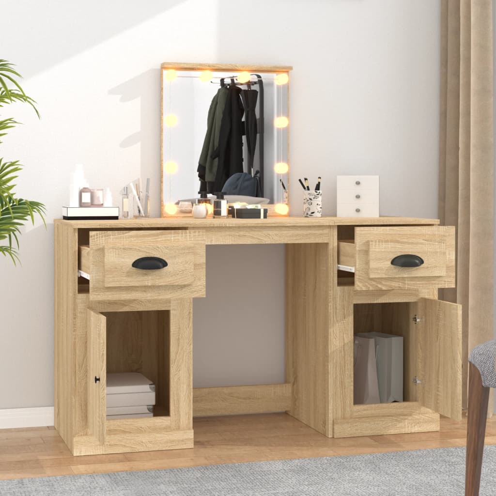 makeupbord med LED-lys 130x50x132,5 cm brun sonoma-eg