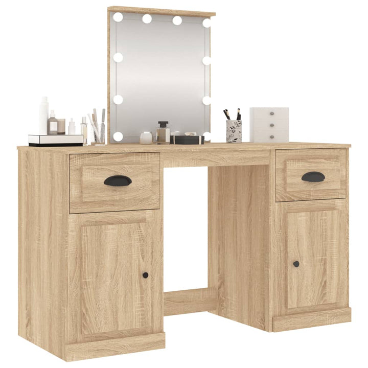 makeupbord med LED-lys 130x50x132,5 cm brun sonoma-eg