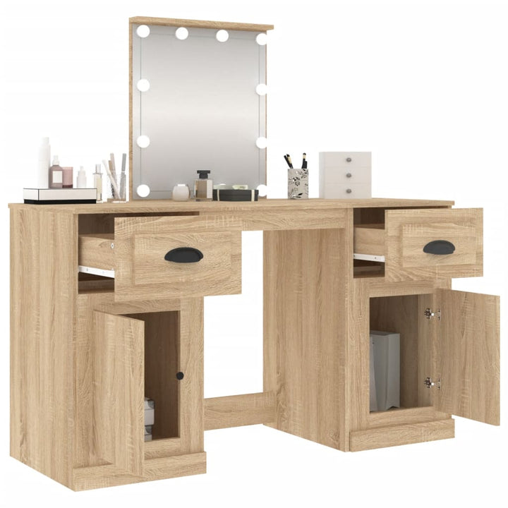 makeupbord med LED-lys 130x50x132,5 cm brun sonoma-eg