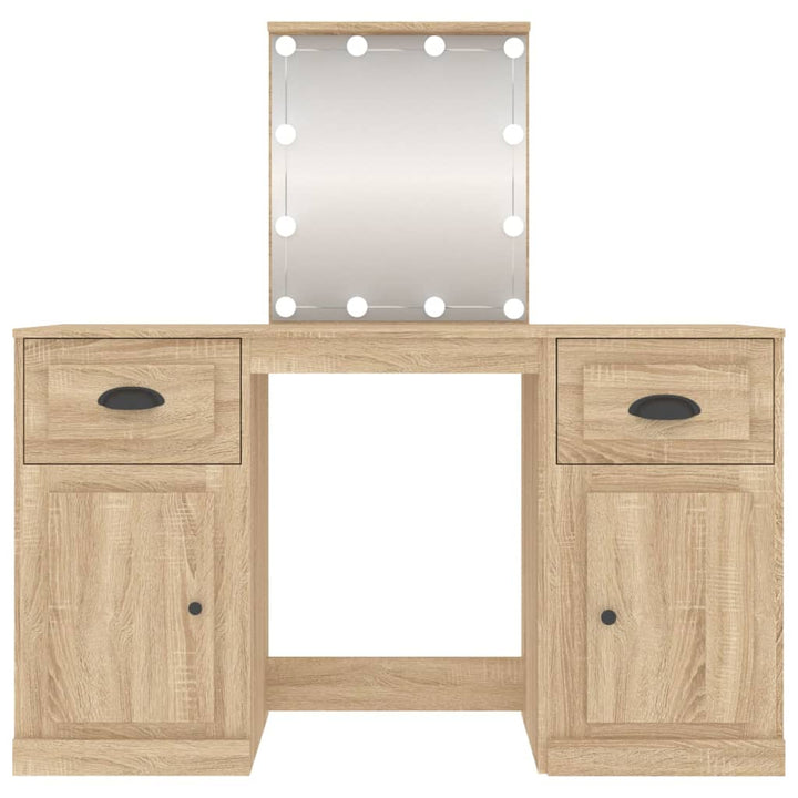 makeupbord med LED-lys 130x50x132,5 cm brun sonoma-eg