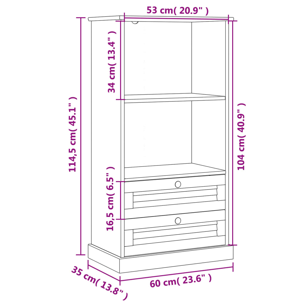 bogreol VIGO 60x35x114,5 cm massivt fyrretræ hvid