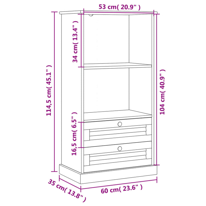 bogreol VIGO 60x35x114,5 cm massivt fyrretræ hvid