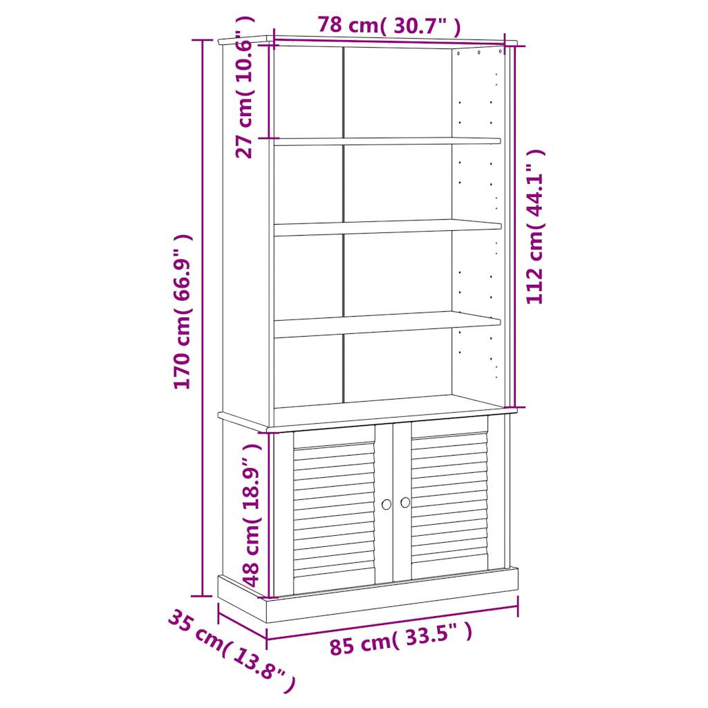 bogreol VIGO 85x35x170 cm massivt fyrretræ hvid