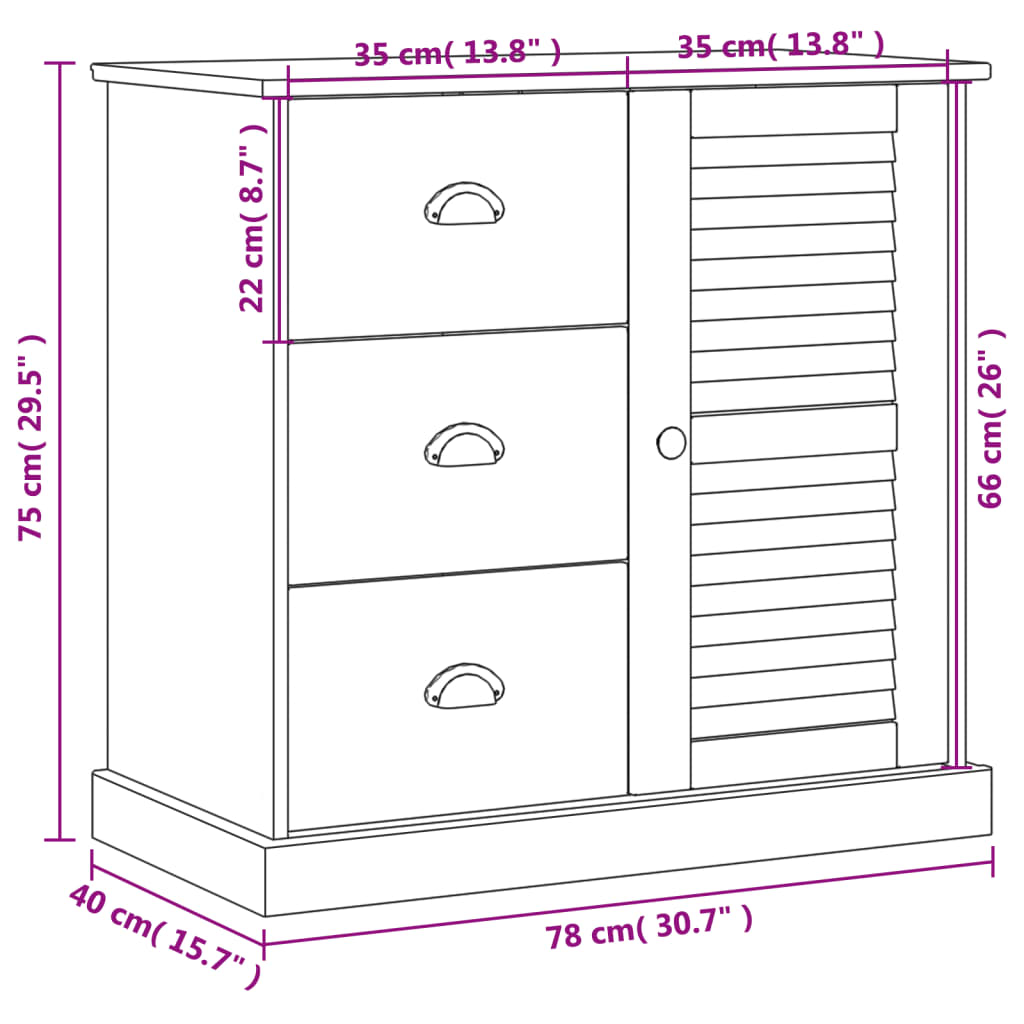 skænk med skuffer VIGO 78x40x75 cm massivt fyrretræ