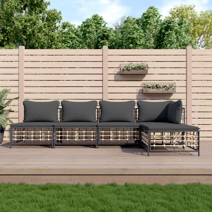 loungesæt til haven 5 dele med hynder polyrattan antracitgrå