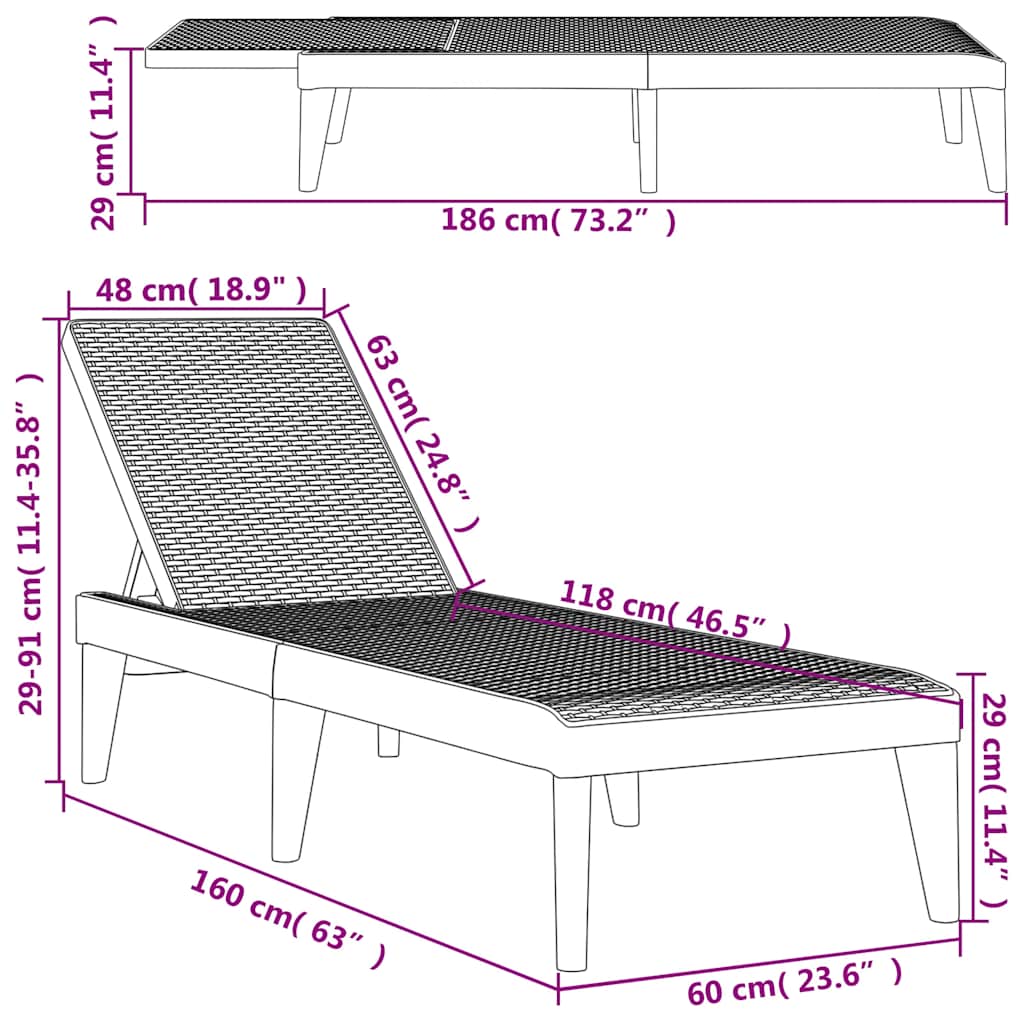 liggestol 186x60x29 cm PP cappuccinofarvet
