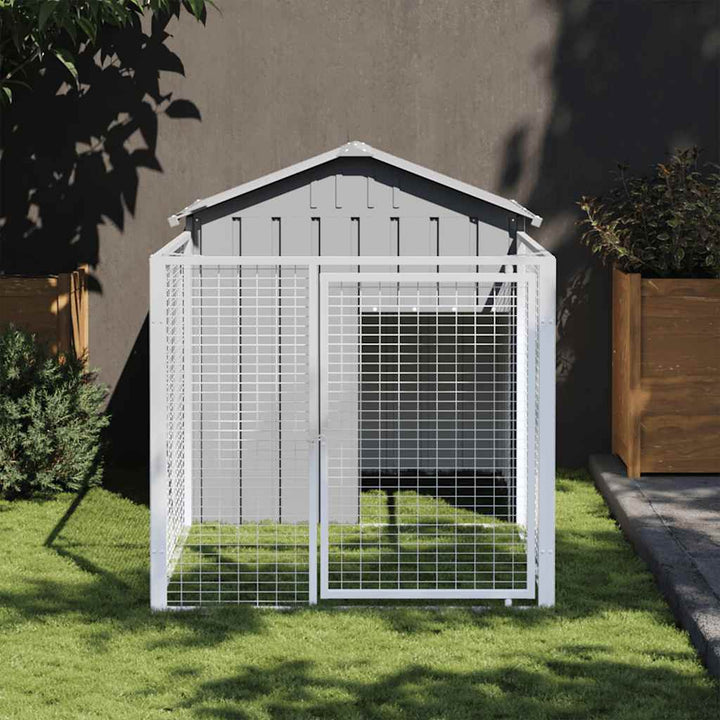 hundehus med løbegård 117x201x123 cm galvaniseret stål lysegrå