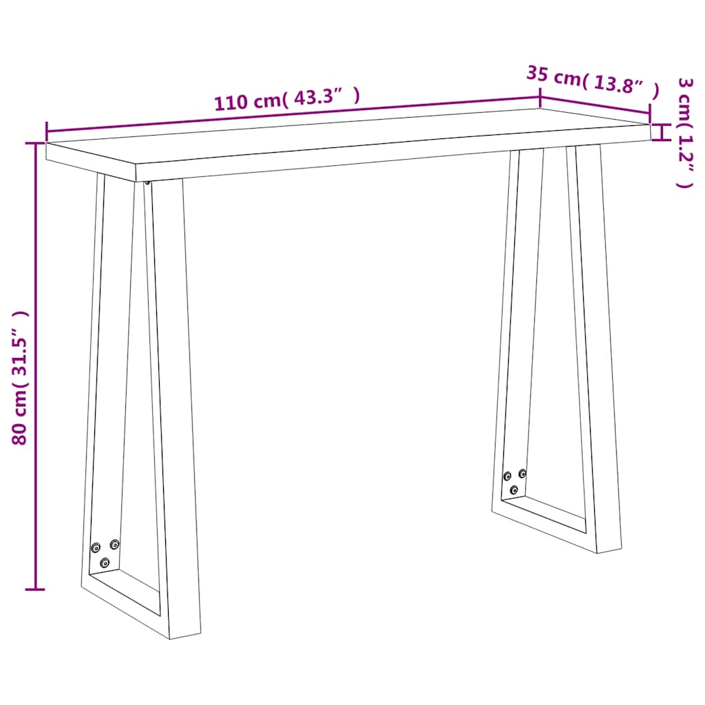 konsolbord med naturlig kant 110x35x80 cm massivt akacietræ