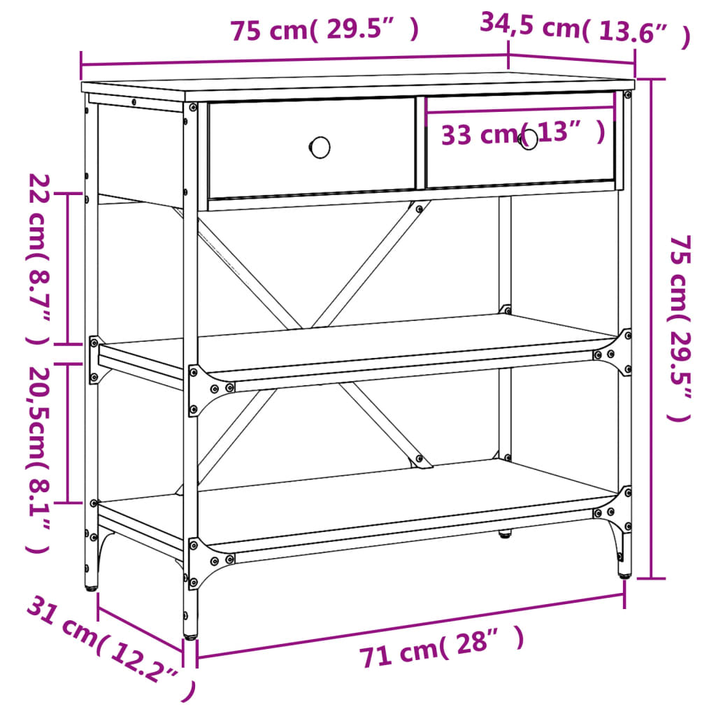 konsolbord 75x34,5x75 cm konstrueret træ sonoma-eg