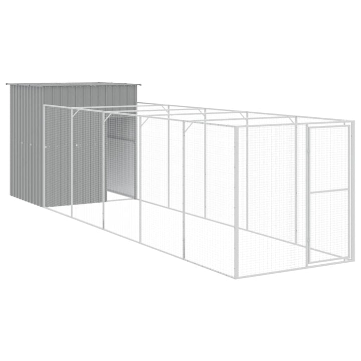 hundehus med løbegård 165x659x181 cm galvaniseret stål lysegrå