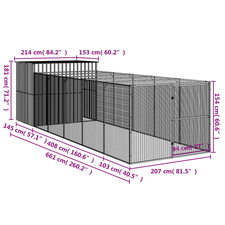 hundehus med løbegård 214x661x181 cm galvaniseret stål antracit