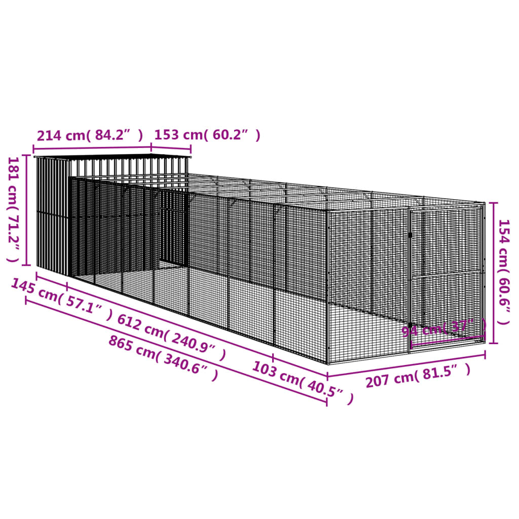 hundehus med løbegård 214x865x181 cm galvaniseret stål antracit