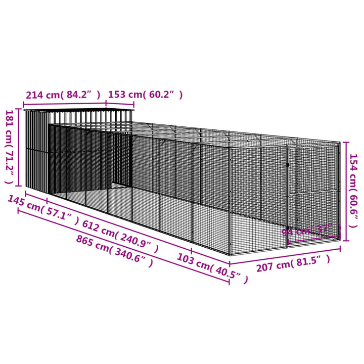 hundehus med løbegård 214x865x181 cm galvaniseret stål antracit