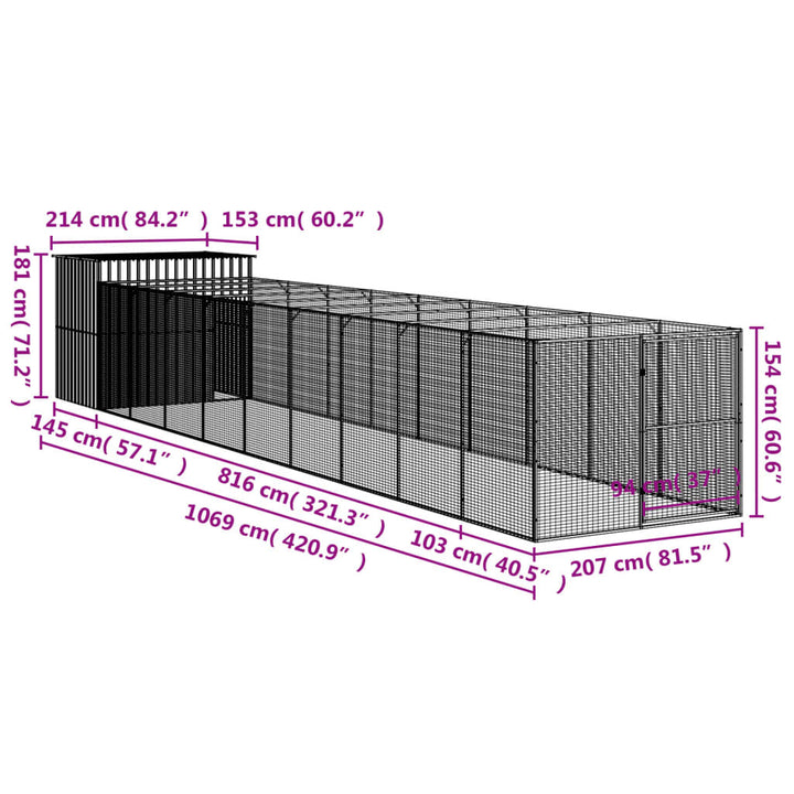 hundehus med løbegård 214x1069x181 cm galvaniseret stål lysegrå
