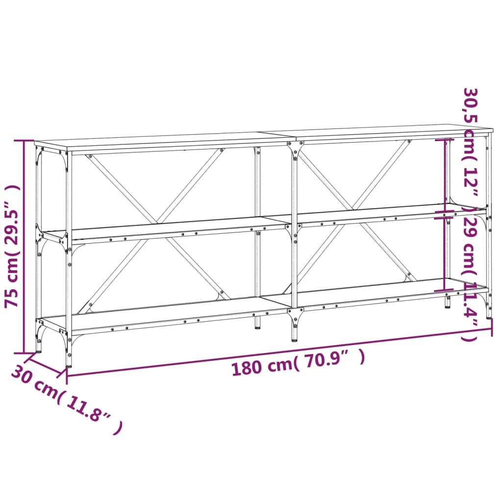 konsolbord 180x30x75 cm konstrueret træ og jern sonoma-eg