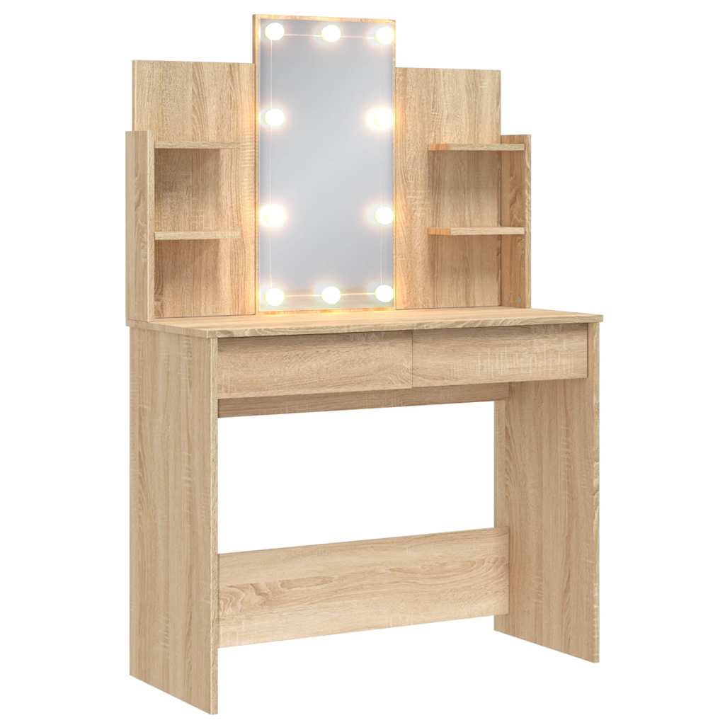 makeupbord med LED-lys 96x40x142 cm sonoma-eg