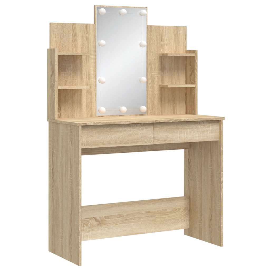 makeupbord med LED-lys 96x40x142 cm sonoma-eg