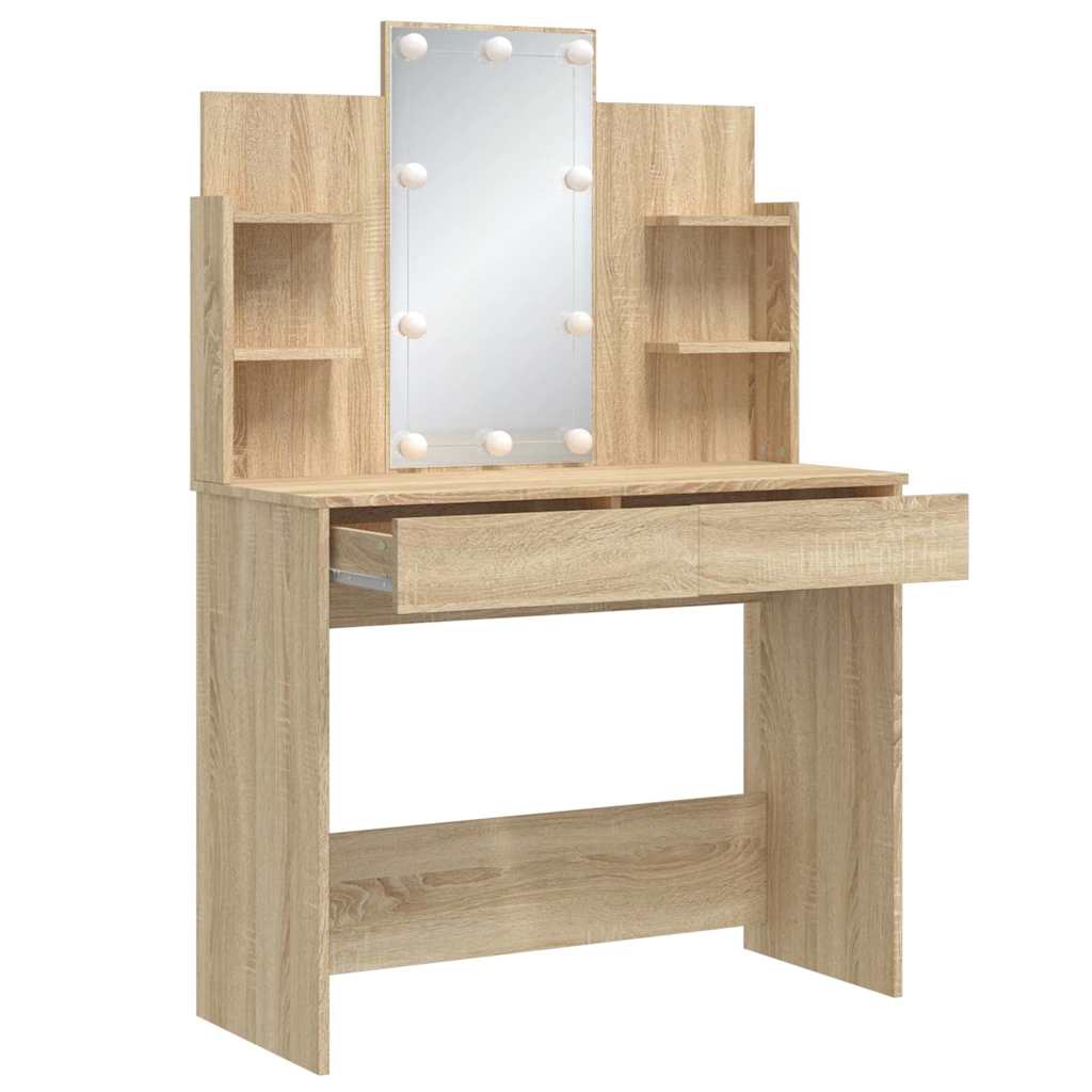 makeupbord med LED-lys 96x40x142 cm sonoma-eg