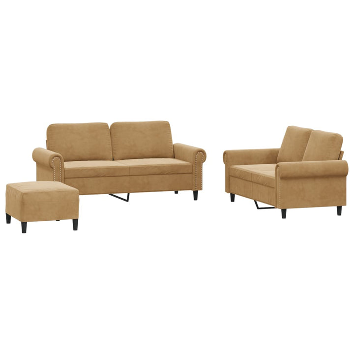 sofasæt 3 dele med hynder velour brun