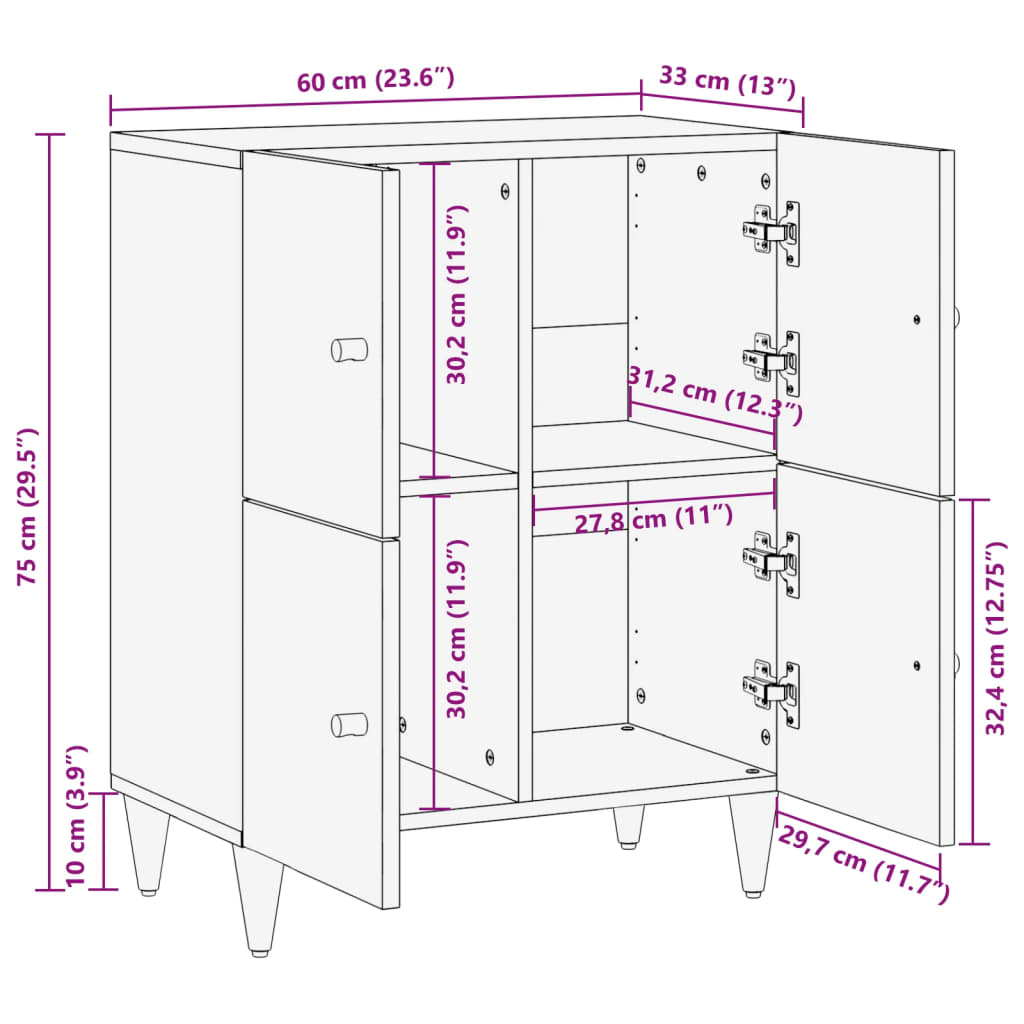 skab 60x33x75 cm massivt mangotræ