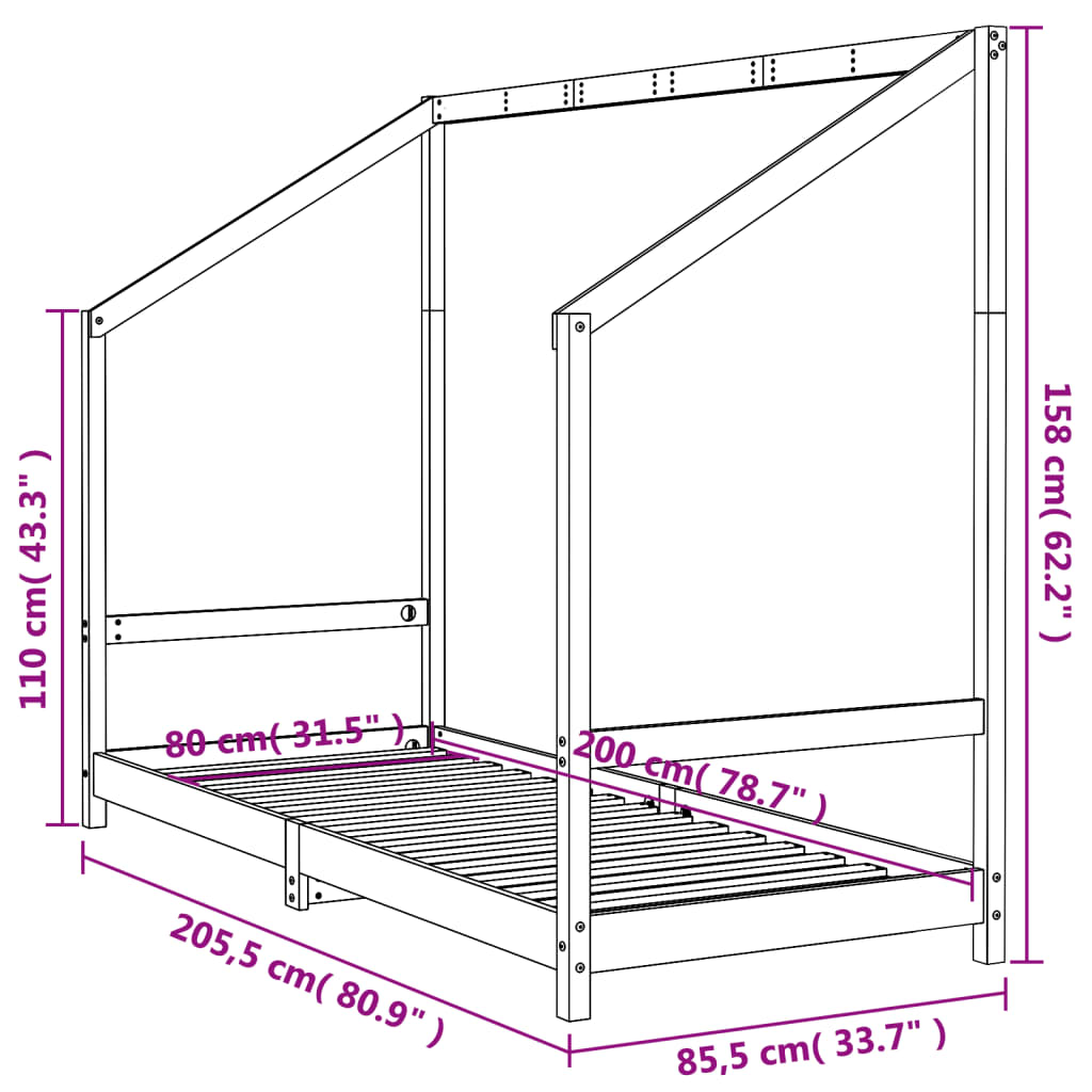 sengeramme til juniorseng 80x200 cm massivt fyrretræ sort