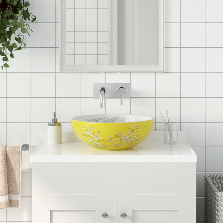 håndvask til bordplade Φ41x14 cm rund keramik hvid og gul