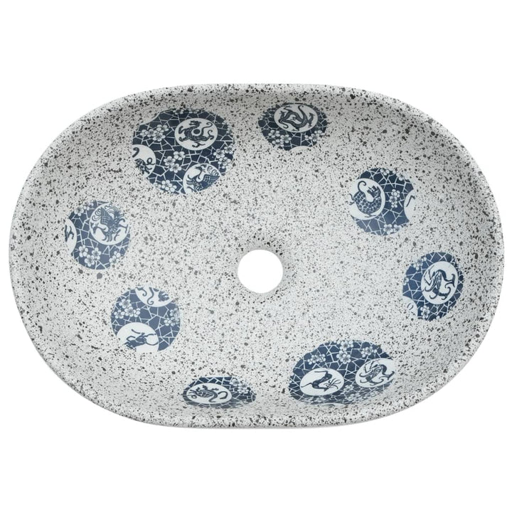 håndvask til bordplade 47x33x13 cm oval keramik grå og blå