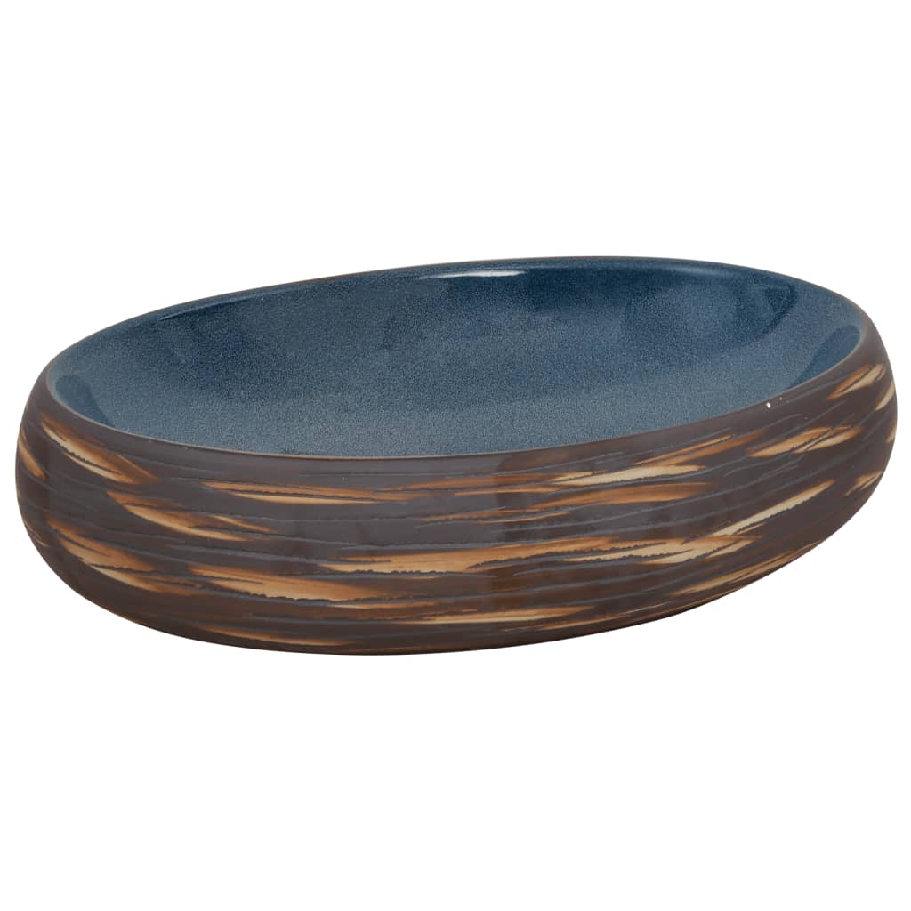 håndvask til bordplade 59x40x15 cm oval keramik brun og blå