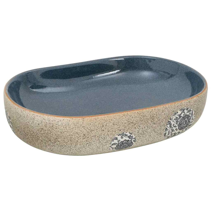 håndvask til bordplade 59x40x14 cm oval keramik sand og blå