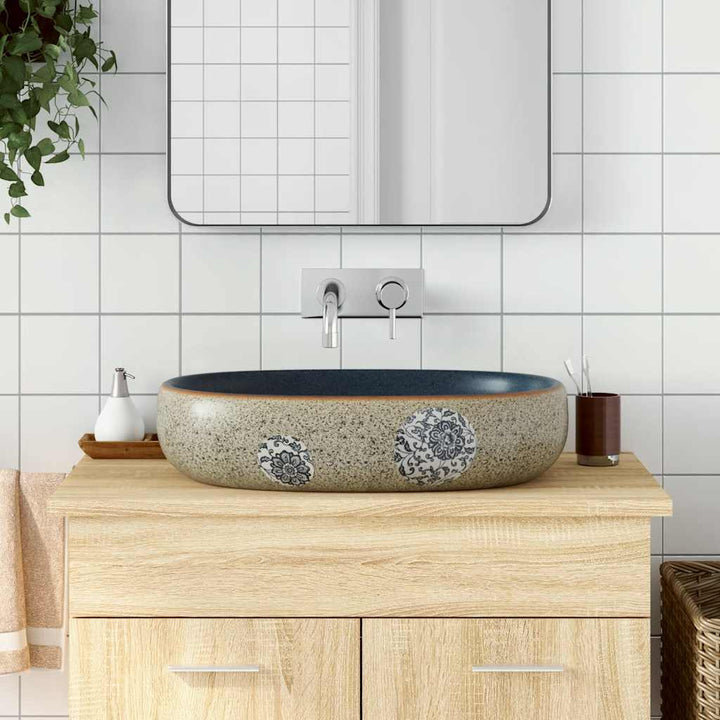 håndvask til bordplade 59x40x14 cm oval keramik sand og blå