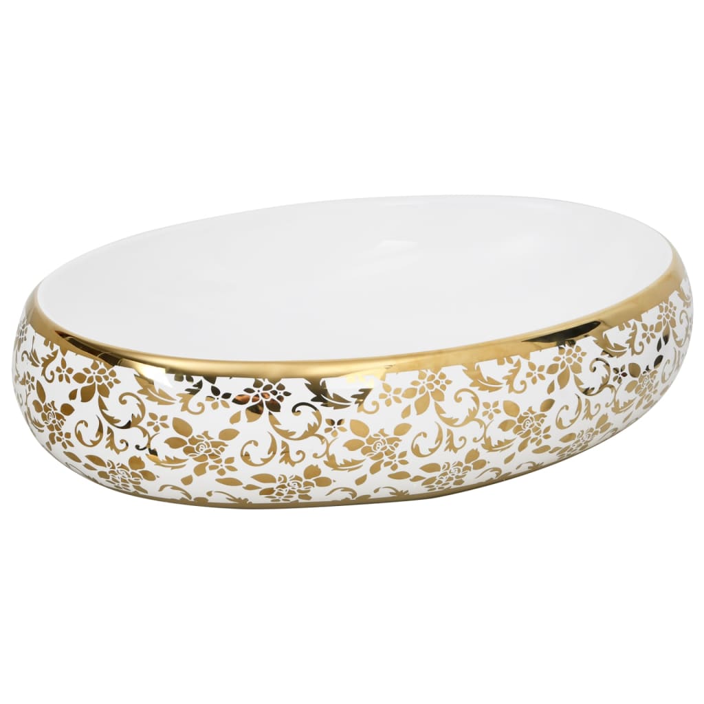 håndvask til bordplade 59x40x15 cm oval keramik hvid og guld