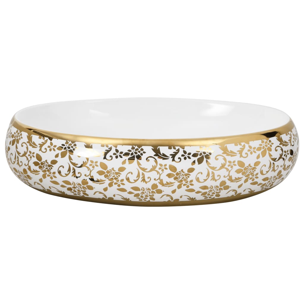håndvask til bordplade 59x40x15 cm oval keramik hvid og guld