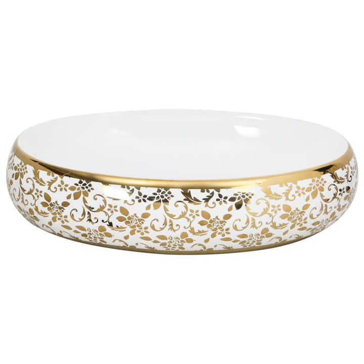håndvask til bordplade 59x40x15 cm oval keramik hvid og guld