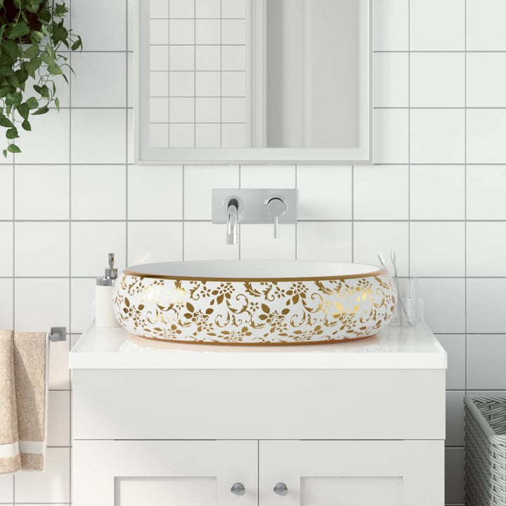 håndvask til bordplade 59x40x15 cm oval keramik hvid og guld