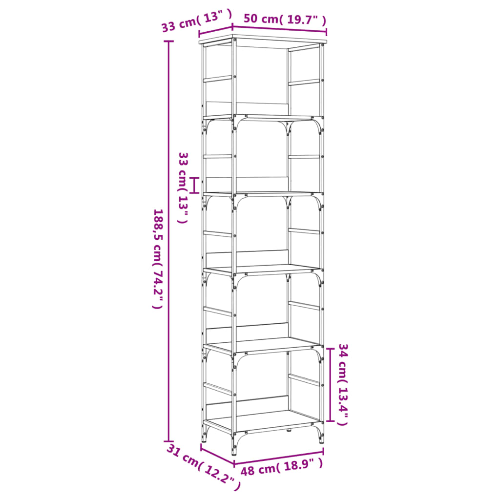 bogreol Sonoma eg 50x33x188,5 cm konstrueret træ