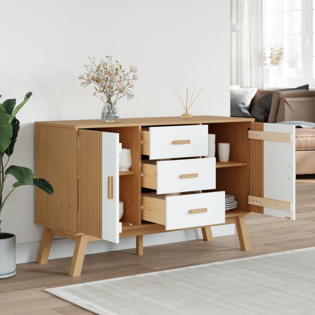 skænk OLDEN 114x43x73,5 cm massivt fyrretræ hvid og brun