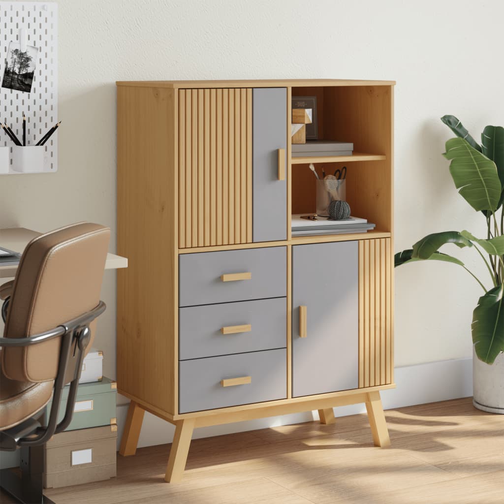 skab OLDEN 85x43x125 cm massivt fyrretræ grå og brun