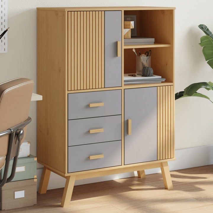 skab OLDEN 85x43x125 cm massivt fyrretræ grå og brun