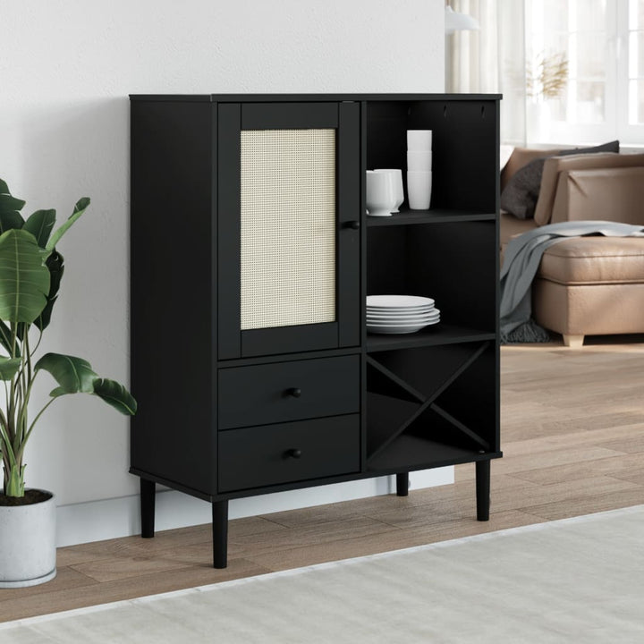 skænk SENJA 90x40x112 cm rattan-look massivt fyrretræ sort