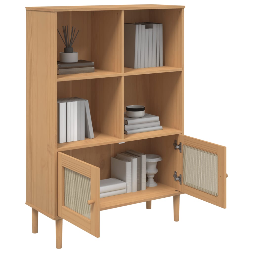 bogreol SENJA rattanlook 90x35x130 massivt fyrretræ brun