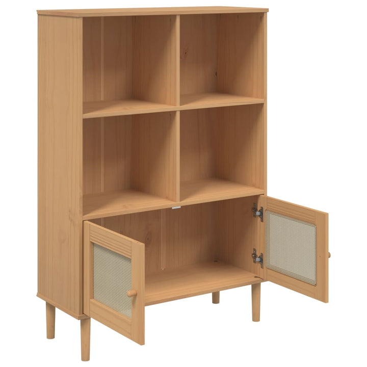 bogreol SENJA rattanlook 90x35x130 massivt fyrretræ brun
