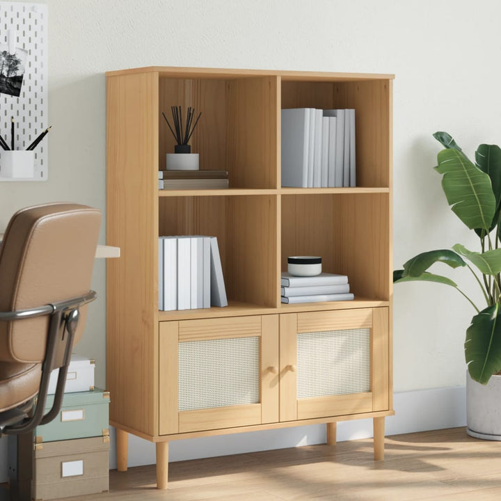 bogreol SENJA rattanlook 90x35x130 massivt fyrretræ brun