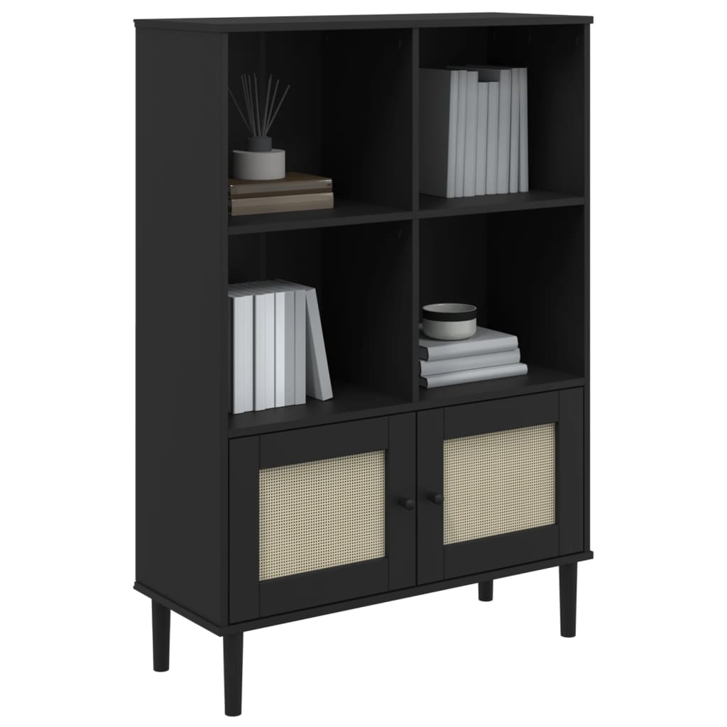 bogreol SENJA rattanlook 90x35x130 cm massivt fyrretræ sort