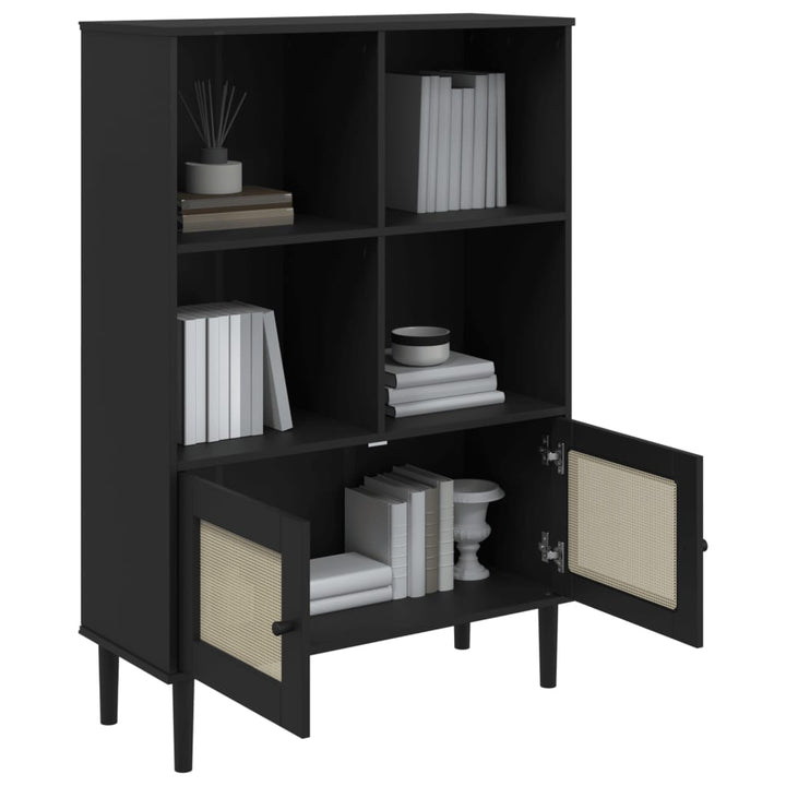 bogreol SENJA rattanlook 90x35x130 cm massivt fyrretræ sort