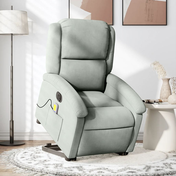 massagestol med løftefunktion velour lysegrå